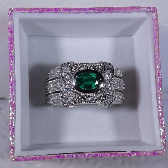 LAB EMERALD & CUBIC ZIRCONIA RING - Picture 1 of 5